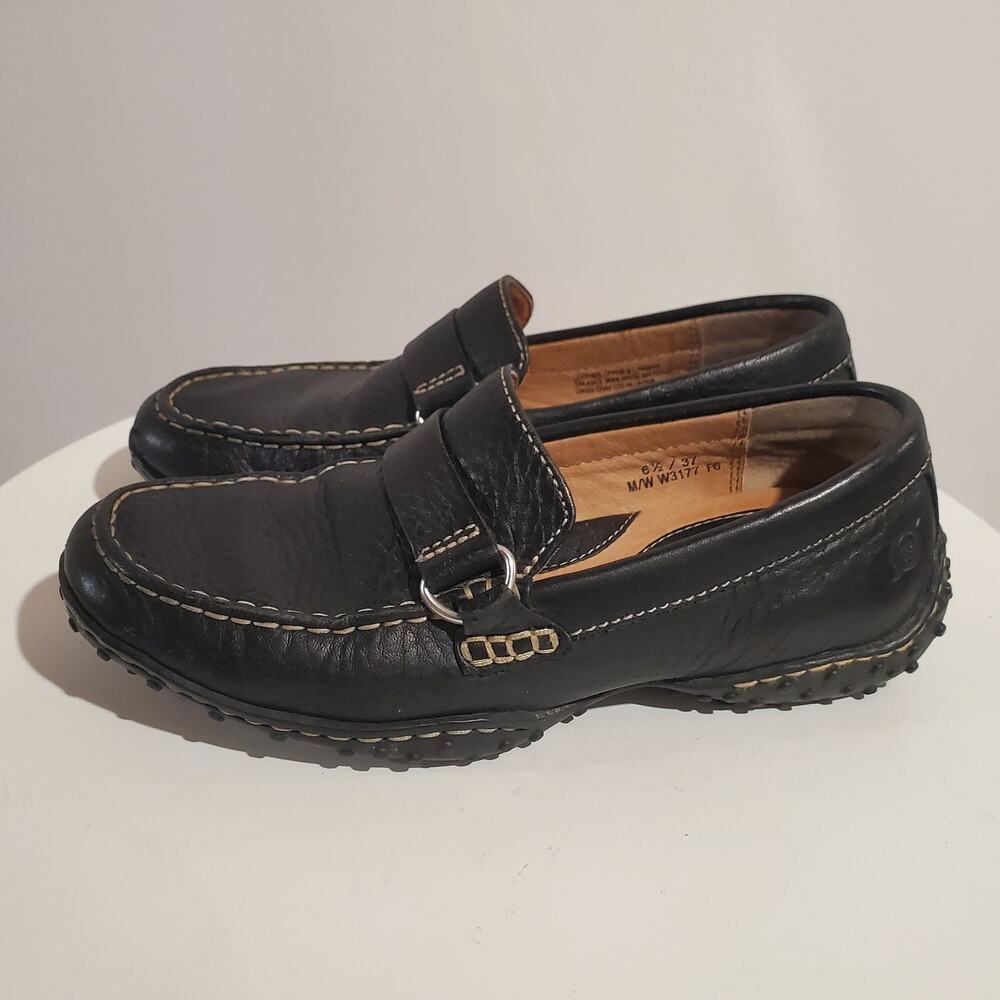 Born Womens Leather Moc Slip On Driving Loafers Size 6.5 Black Contrast Stitch